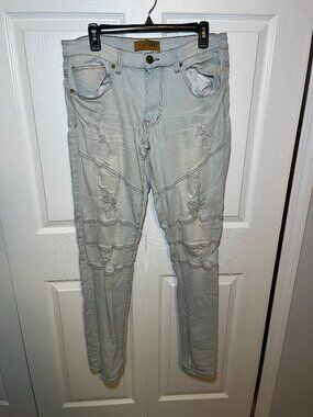 Platform Light Wash Distressed Moto Skinny Jeans Size 34/34